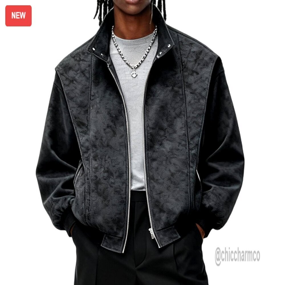 Oversized Faux Suede Bomber Jacket Unisex Zip Front Casual Outerwear